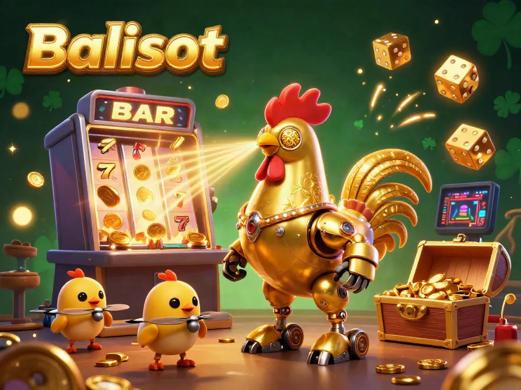 Balislot-themed illustration showcasing an exciting jackpot explosion with golden rooster robot and baby chick drones.