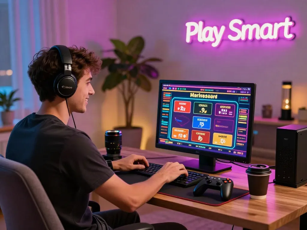 Player enjoying online credit card casinos in a vibrant gaming setup with LED lights and accessories.