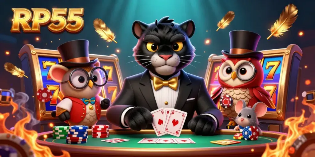 Experience the thrill of RP55 with stylish card dealing and vibrant gaming elements in a rich casino scene.