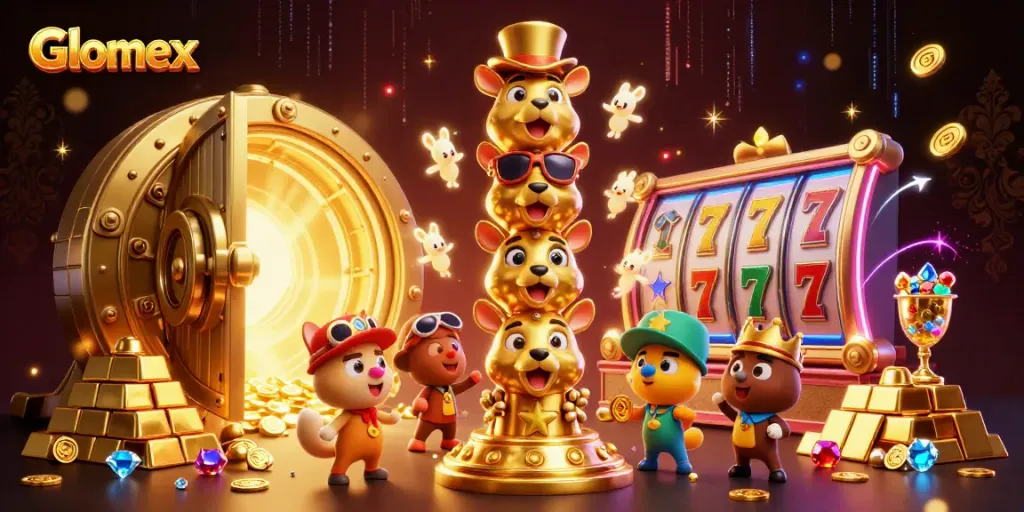 Experience Glomex's vibrant casino scene filled with cartoon joy and dynamic gaming elements.