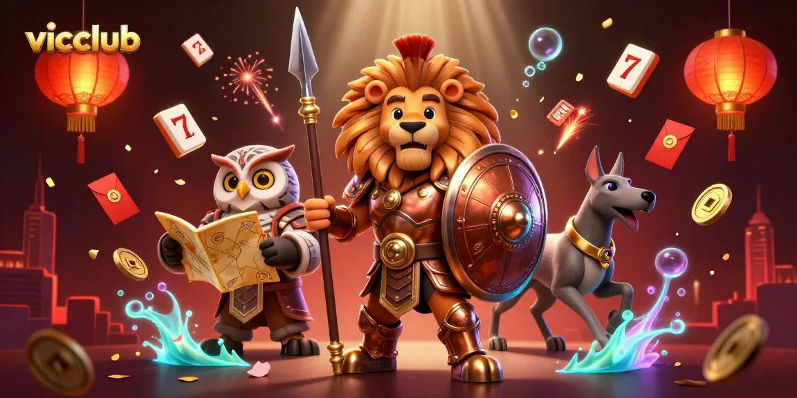 Join the action at vicclub with characters celebrating gaming success amidst vibrant casino elements.