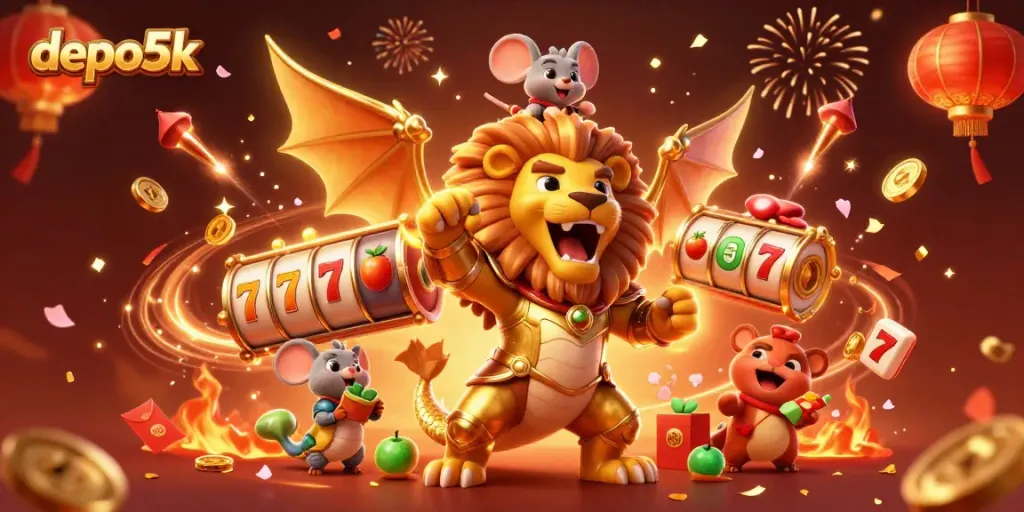 Engage with depo5k's dynamic slot scene featuring a roaring lion chimera and vibrant game elements.
