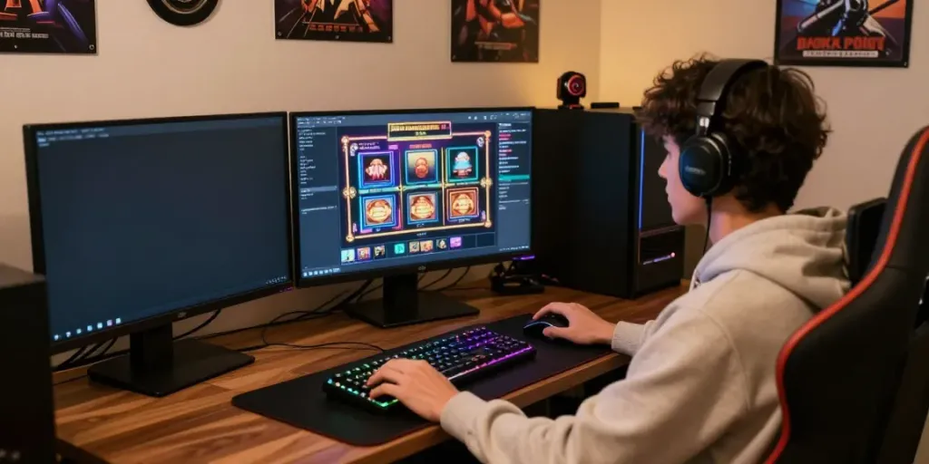 Player immersed in akunjp online gaming experience with vibrant slot graphics and dynamic setup.