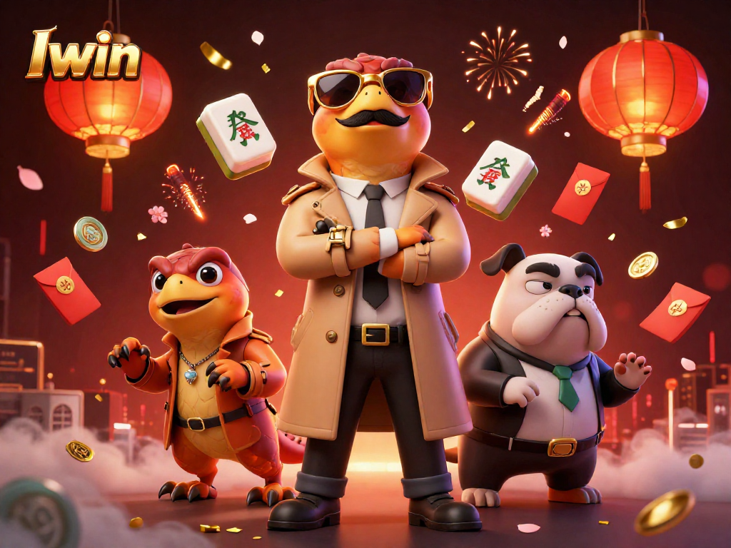 Iwin casino scene with raptors in a trench coat and bouncer, amid vibrant decorations