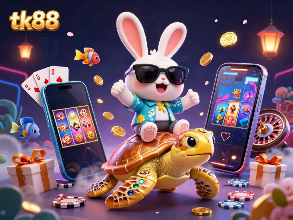 Engage in winning strategies at tk88 with vibrant 3D casino elements including lucky rabbit, golden turtle, and slot games.