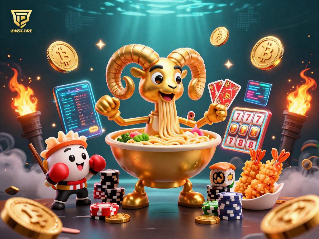 IDNSCORE offers a vibrant 3D scene depicting a lively casino environment with colorful characters and glowing elements.