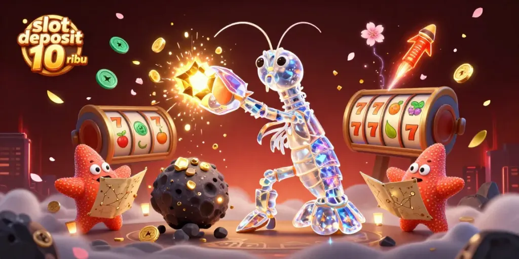 Engage with slot deposit 10 ribu dynamics featuring a galactic samurai, golden coins, and slot reels in an epic 3D illustration.
