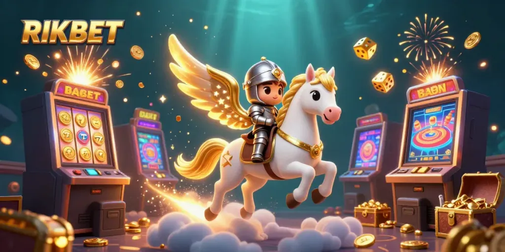 Experience the thrilling action at RIKBET with a vibrant scene featuring slots, gold, and characters.