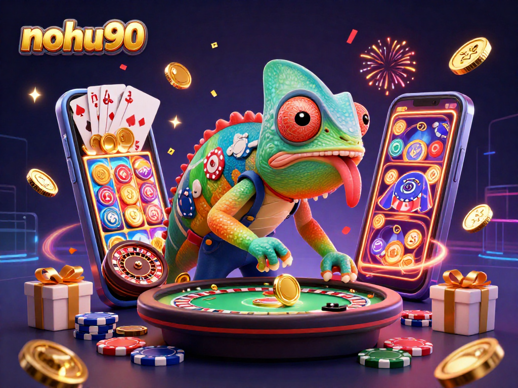 Nohu90 chameleon casino owner seizes golden coins in a vibrant, celebratory setting.