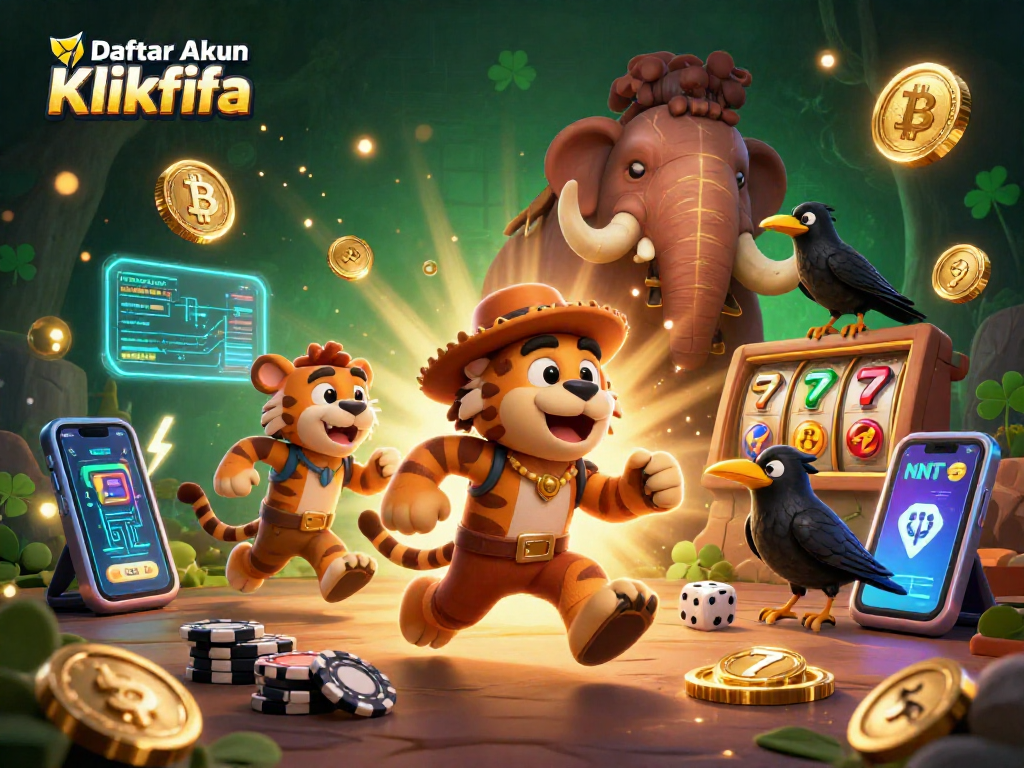 Engage in excitement with Daftar Akun Klikfifa, showcasing a vibrant prehistoric casino scene filled with 3D characters and gaming elements.
