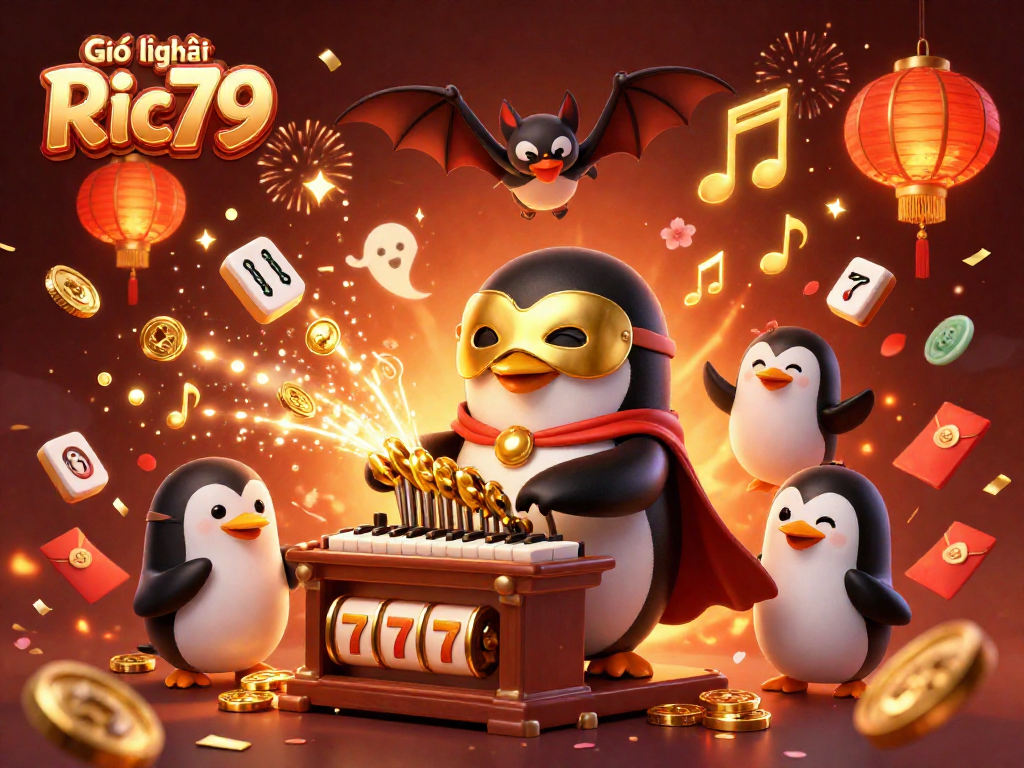 Experience Giới thiệu Ric79 with a vibrant scene featuring a penguin playing an organ amid slot reels and festive decorations.