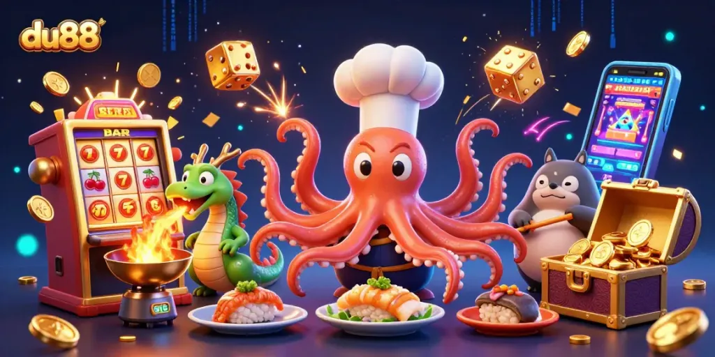 Experience du88's vibrant casino scene with exciting gaming elements and characters.