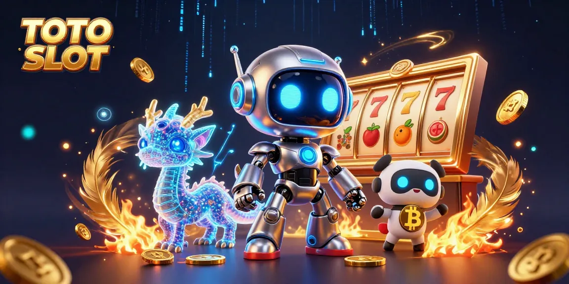 TOTO SLOT showcases a vibrant cyberpunk robot with a holographic dragon and bitcoin drone in an energetic casino scene.