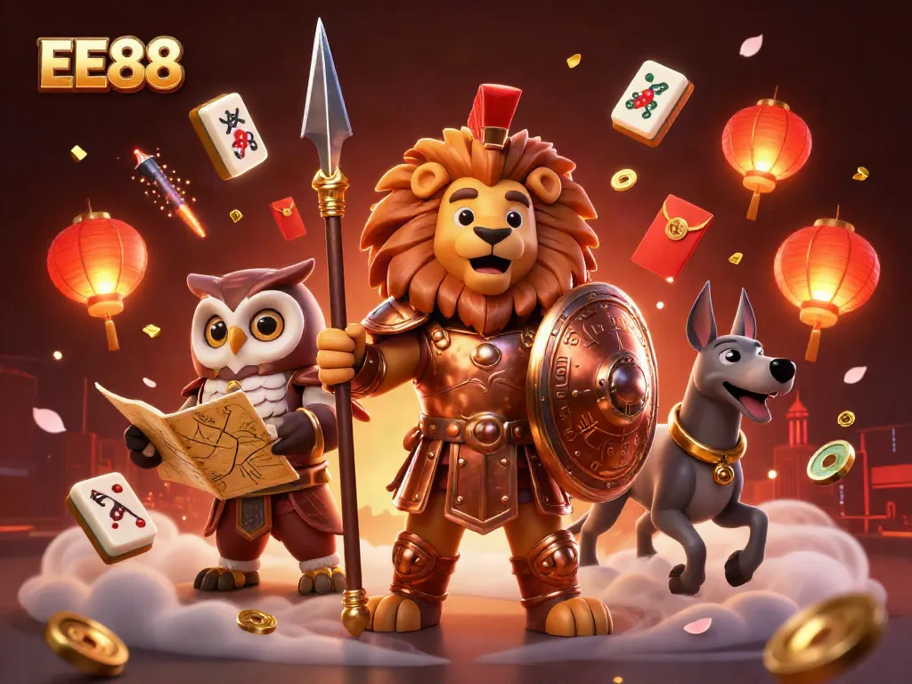 EE88 lion and owl strategize amidst vibrant casino elements in a thrilling 3D scene.