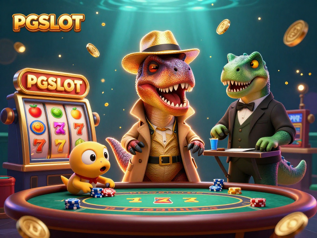 Engage with PGSLOT, showcasing a velociraptor card counter at a jackpot table, surrounded by dynamic slot elements.