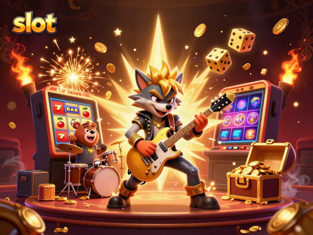 Experience thrilling slot action with a vibrant casino scene featuring a wolf rock star and dynamic elements.