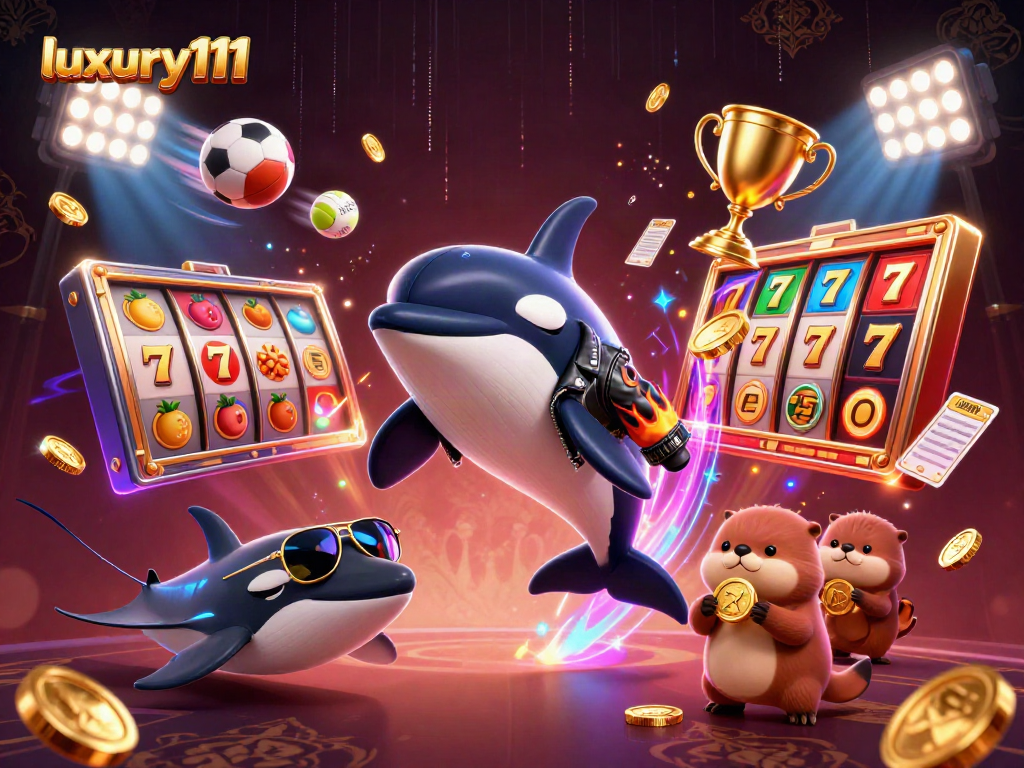Engage with luxury111 through vibrant gameplay of slot reels and dynamic characters in a 3D cartoon illustration.