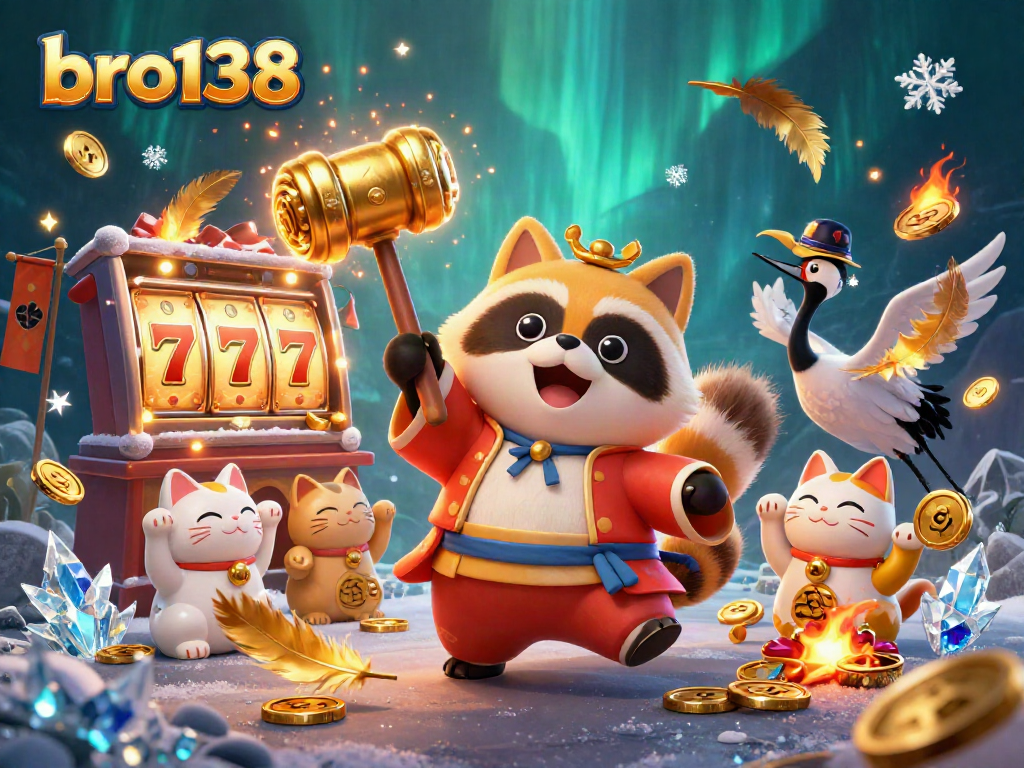 Win big at bro138 with a cheerful tanuki, crane, and fortune cats surrounded by colorful slot fun.