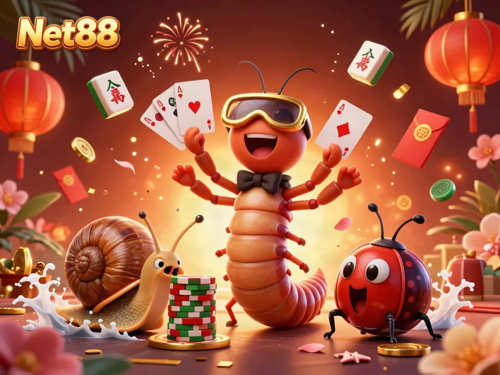 Experience thrilling gameplay at Net88 with a vibrant illustration of a cartoon millipede dealer and exciting casino elements.