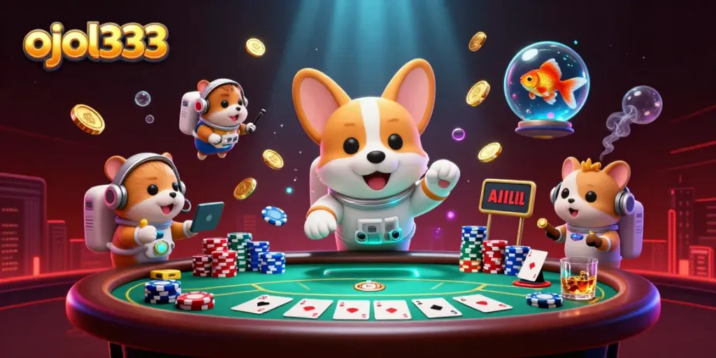 Engage in thrilling gaming action at ojol333, a vibrant 3D casino scene with floating poker elements.