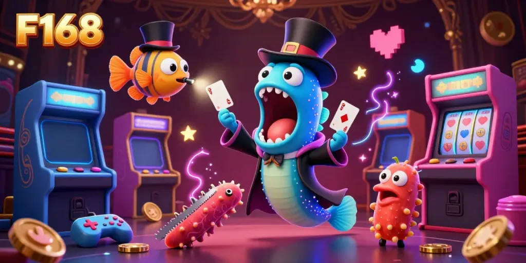 Experience thrilling moments with F168’s vibrant casino scene featuring enchanting characters and game elements.