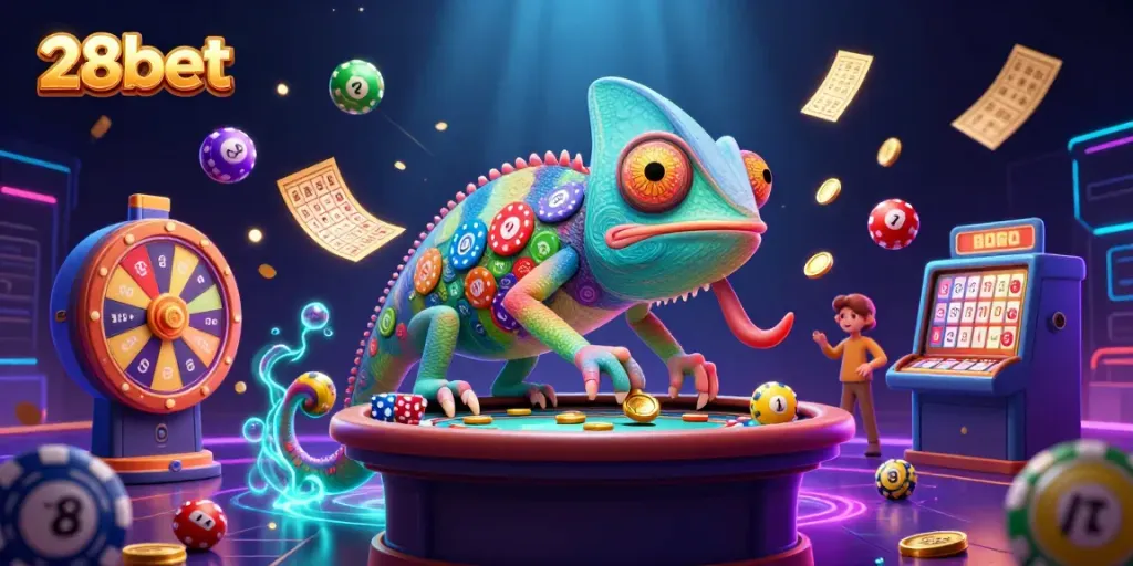 Experience the vibrant world of 28bet with a colorful chameleon casino owner attracting players at a dynamic gaming scene.