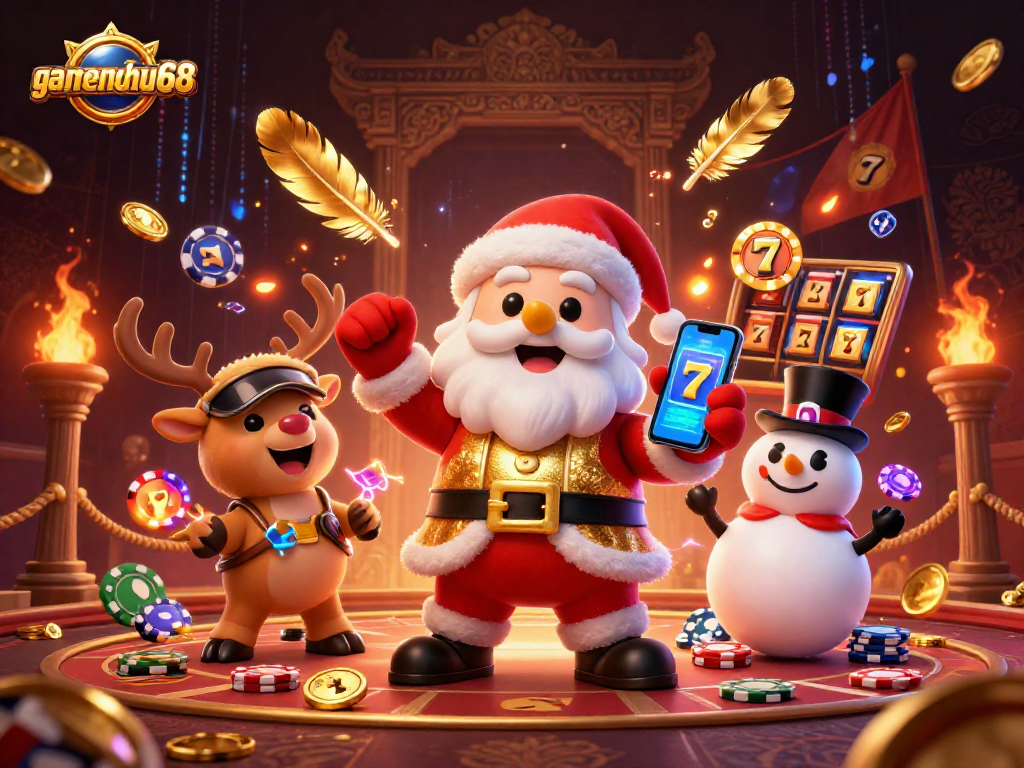Experience the excitement at gamenohu68 with Santa, his reindeer, and a poker chip snowman in a dynamic casino illustration.