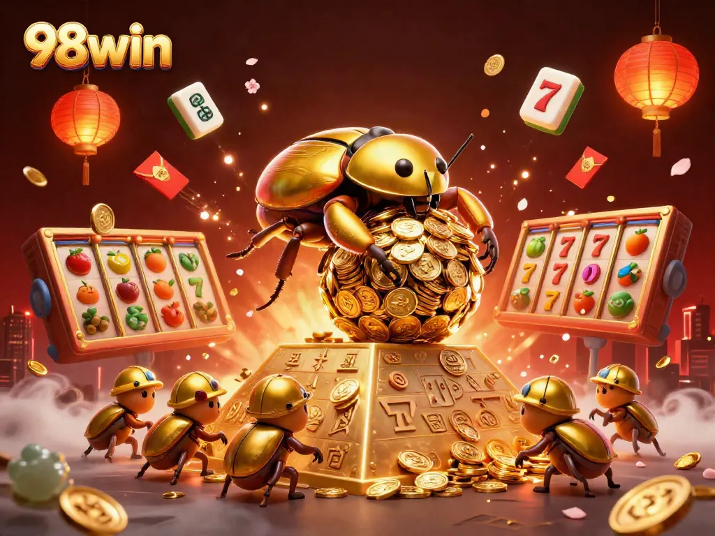Engage with 98win’s vibrant casino world featuring gold beetles, coins, and lucky symbols.