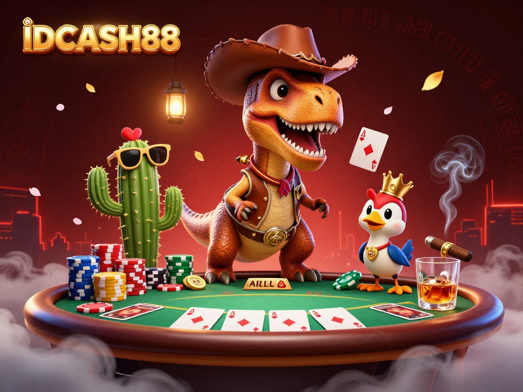 IDCASH88 brings excitement to poker with a cowboy dinosaur, chips, and vibrant casino atmosphere.