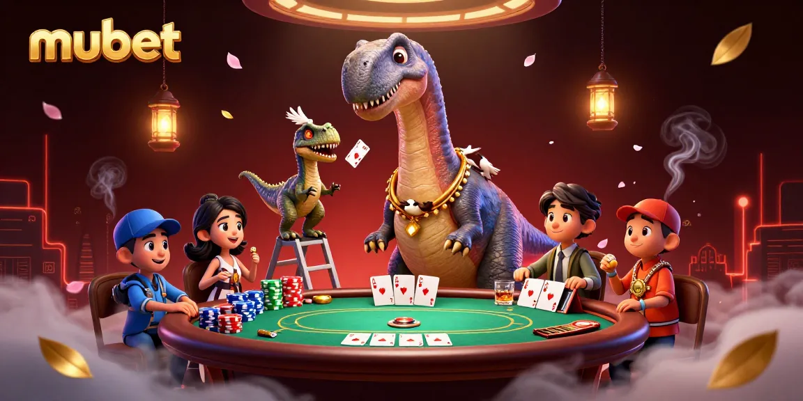 Experience thrilling poker action at mubet with a towering dinosaur dealer and vibrant chips.