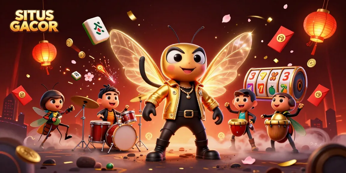 SITUS GACOR features a vibrant 3D illustration with a rock star cicada and casino elements celebrating winning moments.