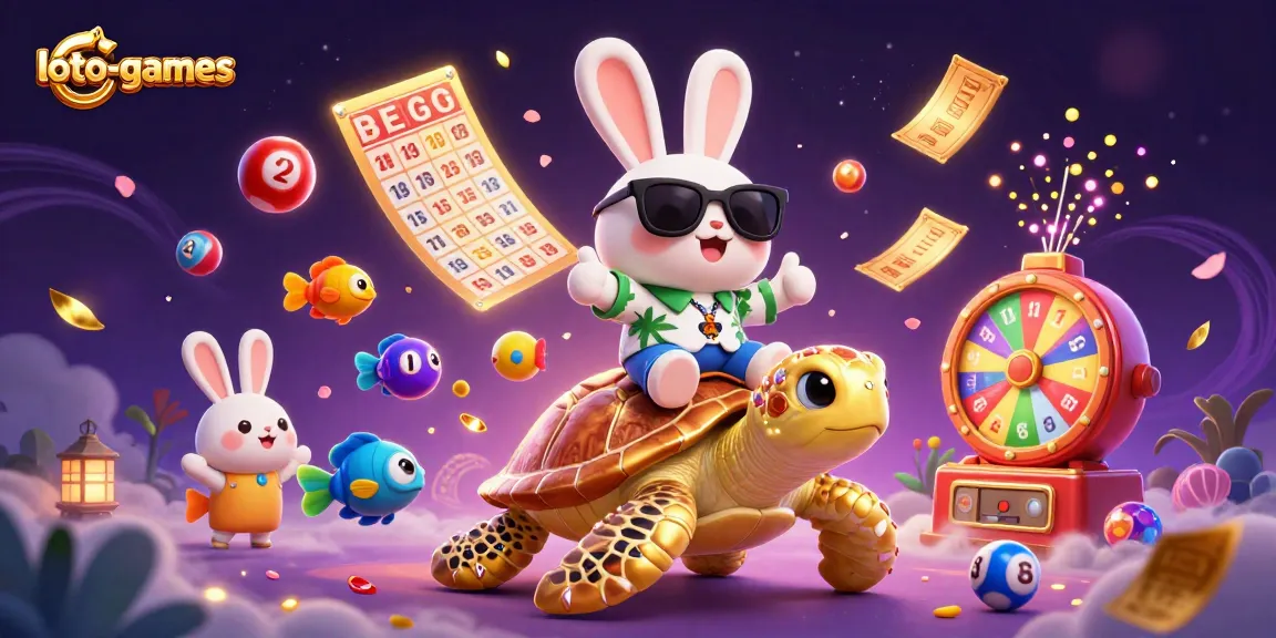 Engaging loto-games scene with a lucky rabbit and a turtle, surrounded by dynamic lottery elements.