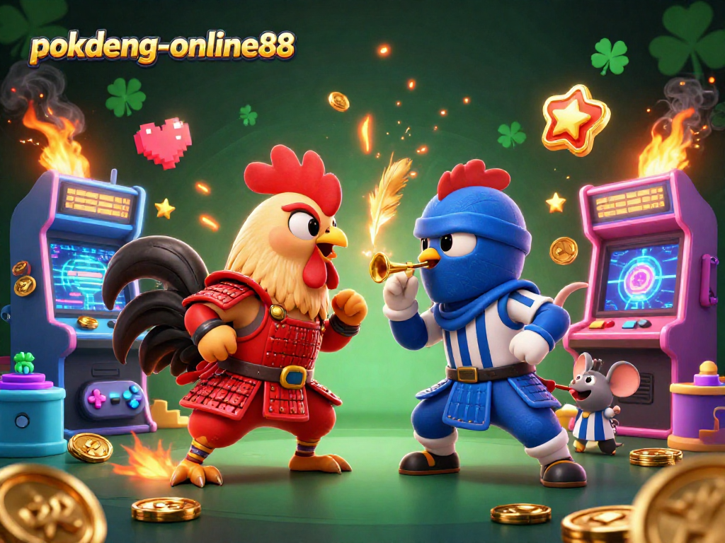 Join the action with the pokdeng-online88 roosters clashing in a vivid gambling showdown!