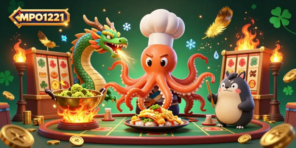 MPO1221 offers a dynamic gambling scene with a sushi chef octopus, a dragon, and tanuki enjoying exciting slot games.