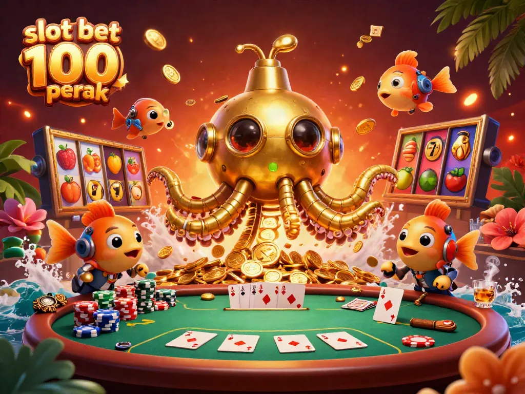 Join the excitement with slot bet 100 perak featuring a golden kraken submarine and vibrant slot elements.
