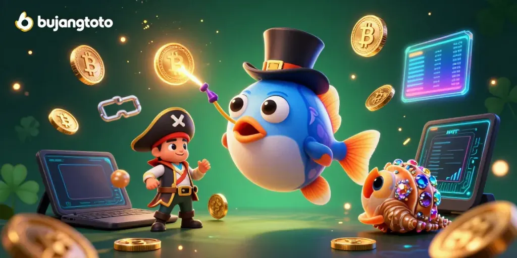 Experience bujangtoto's thrilling gaming scene featuring a deep-sea anglerfish attracting golden coins with a glowing lure.