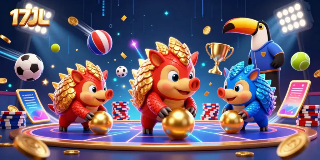 Engage in thrilling gameplay at 17JL with rival pangolins, poker chips, and dynamic sports elements.