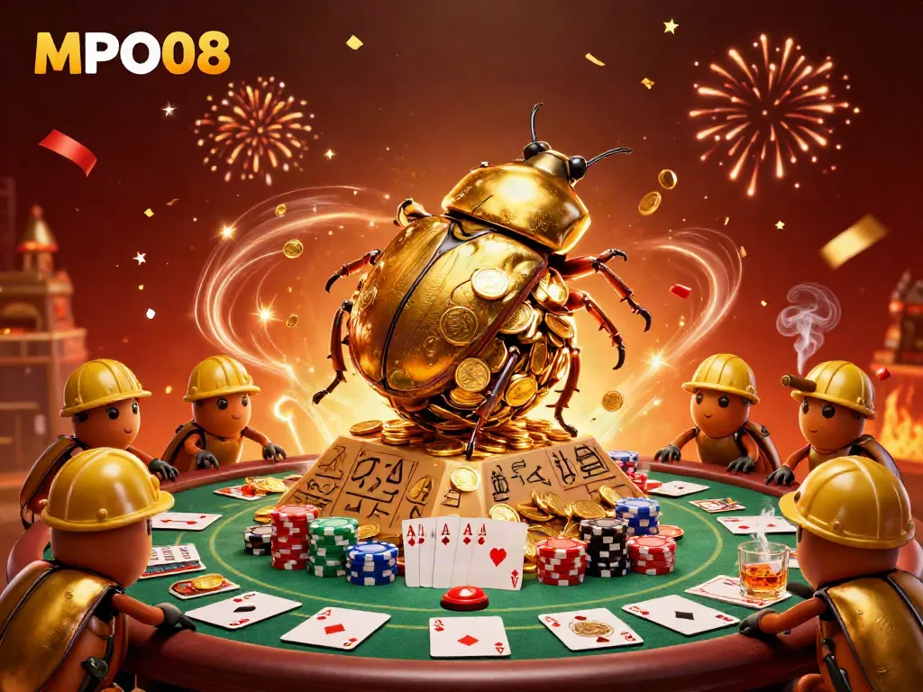 MPO08 showcases a golden dung beetle rolling a coin ball in a vibrant gambling scene, enhancing player engagement.