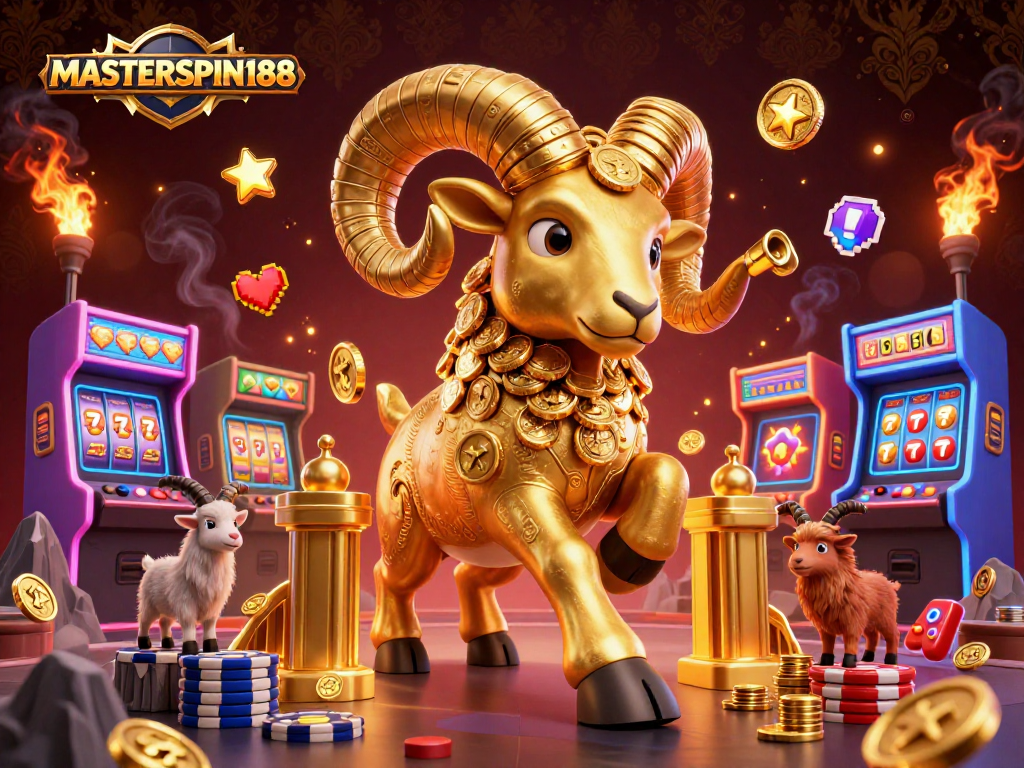 Join the action with MASTERSPIN188 as the golden ram charges through a slot-filled casino scene.