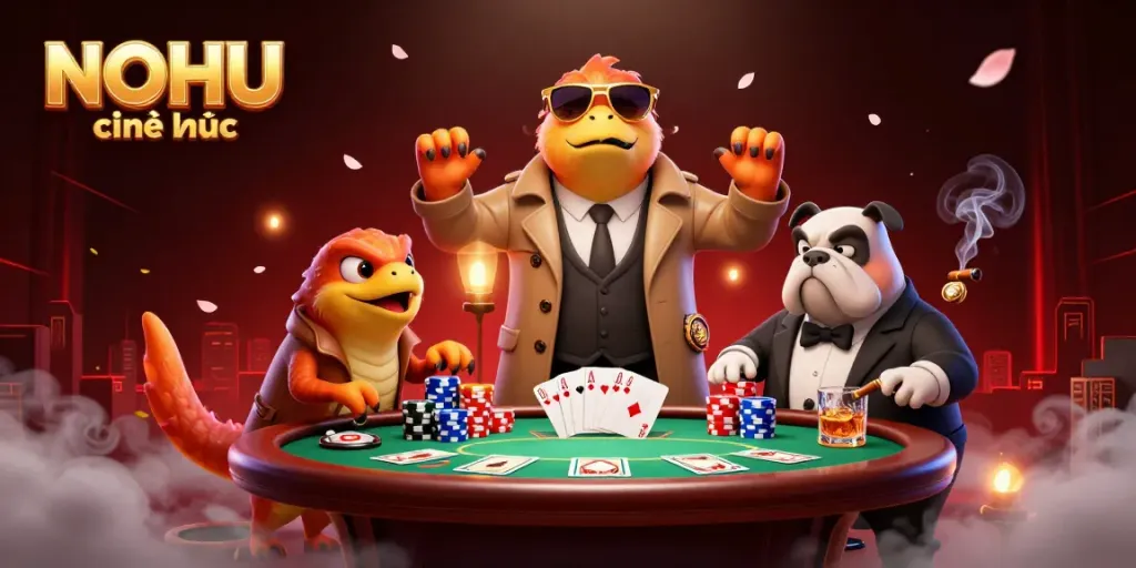 Launch exciting gameplay with NOHU chính thức featuring raptors in casino, poker chips, and vibrant atmosphere.
