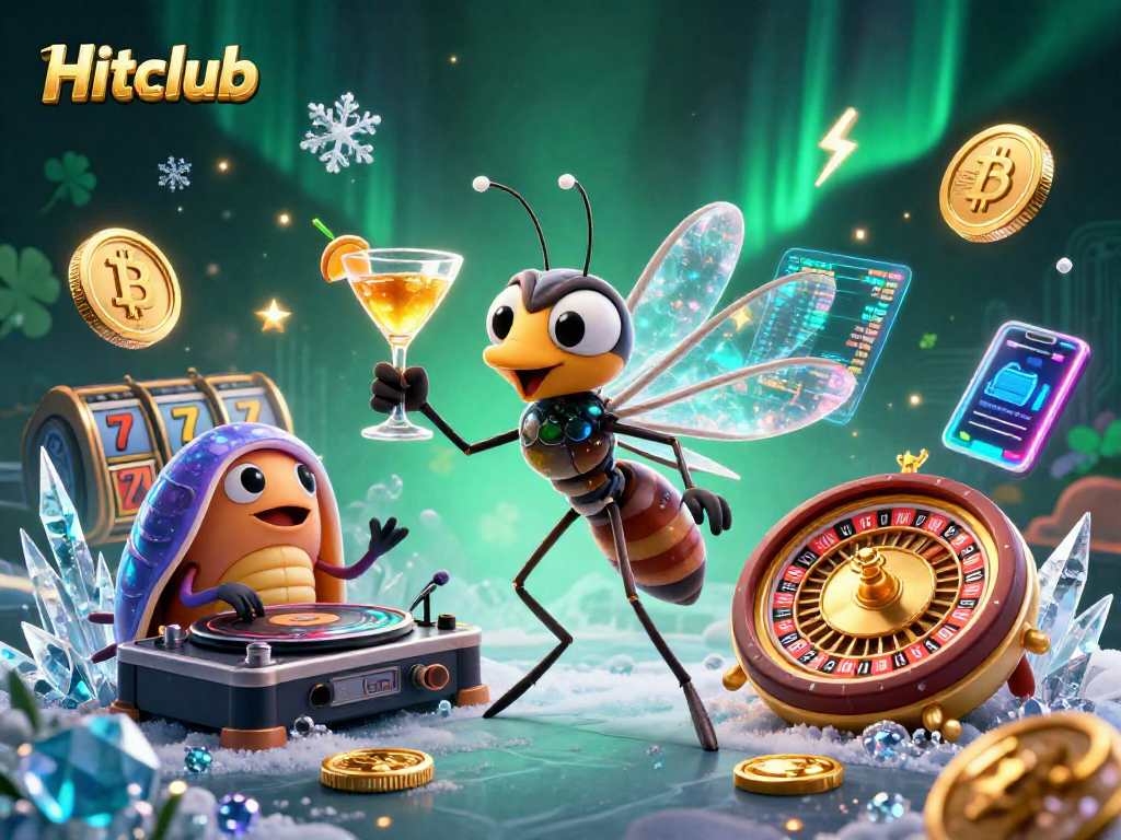 Hitclub offers a vibrant casino scene with a mascot and unique crypto elements, showcasing gaming excitement.