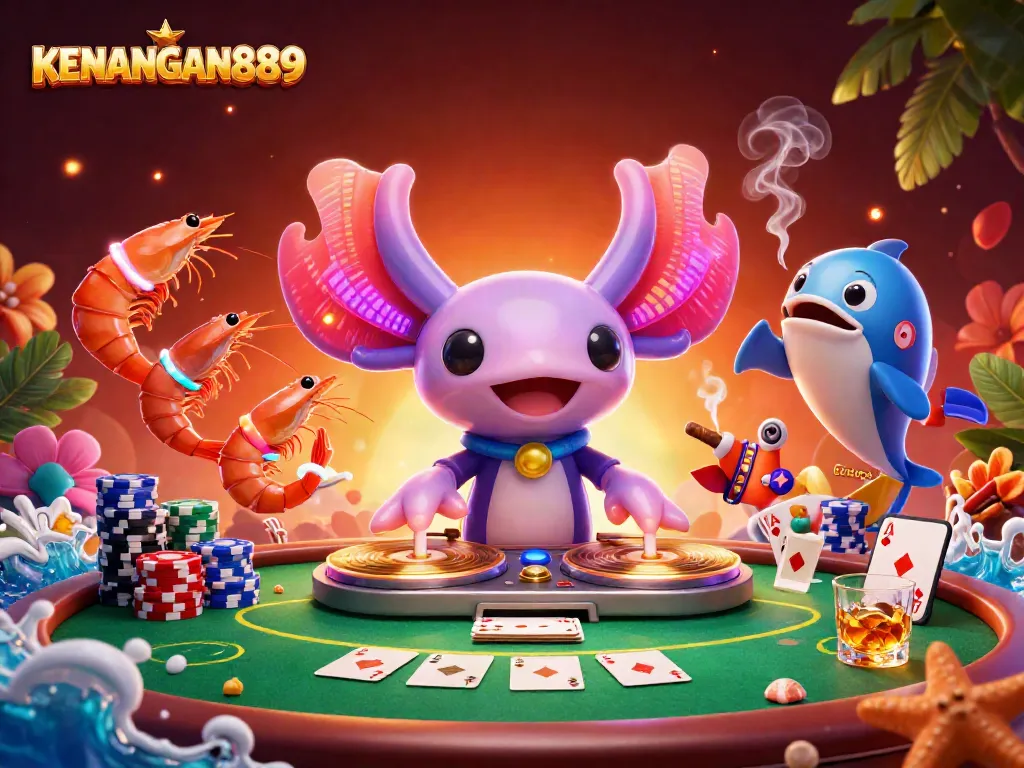 KENANGAN889 showcases a vibrant casino scene with a DJ and animated characters amidst poker elements.