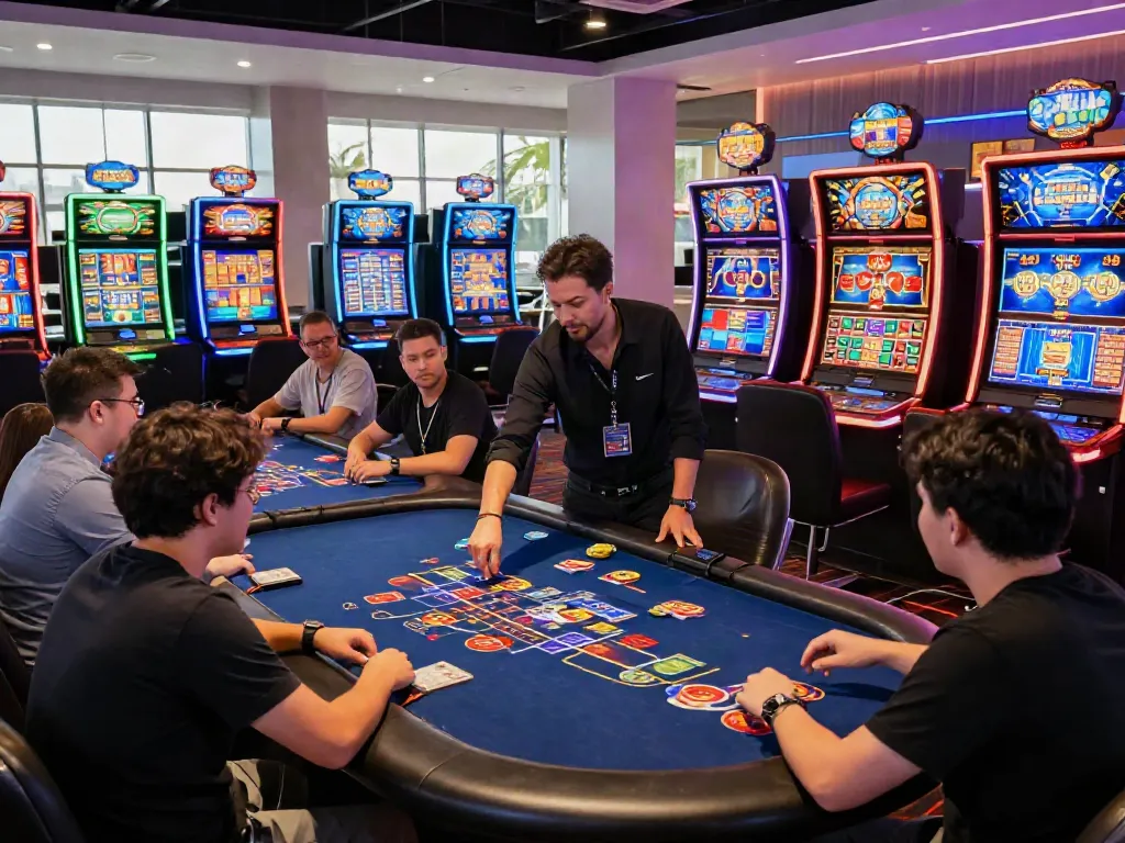 A80 gaming platform in a lively casino environment with players at digital tables and bright slot machines.