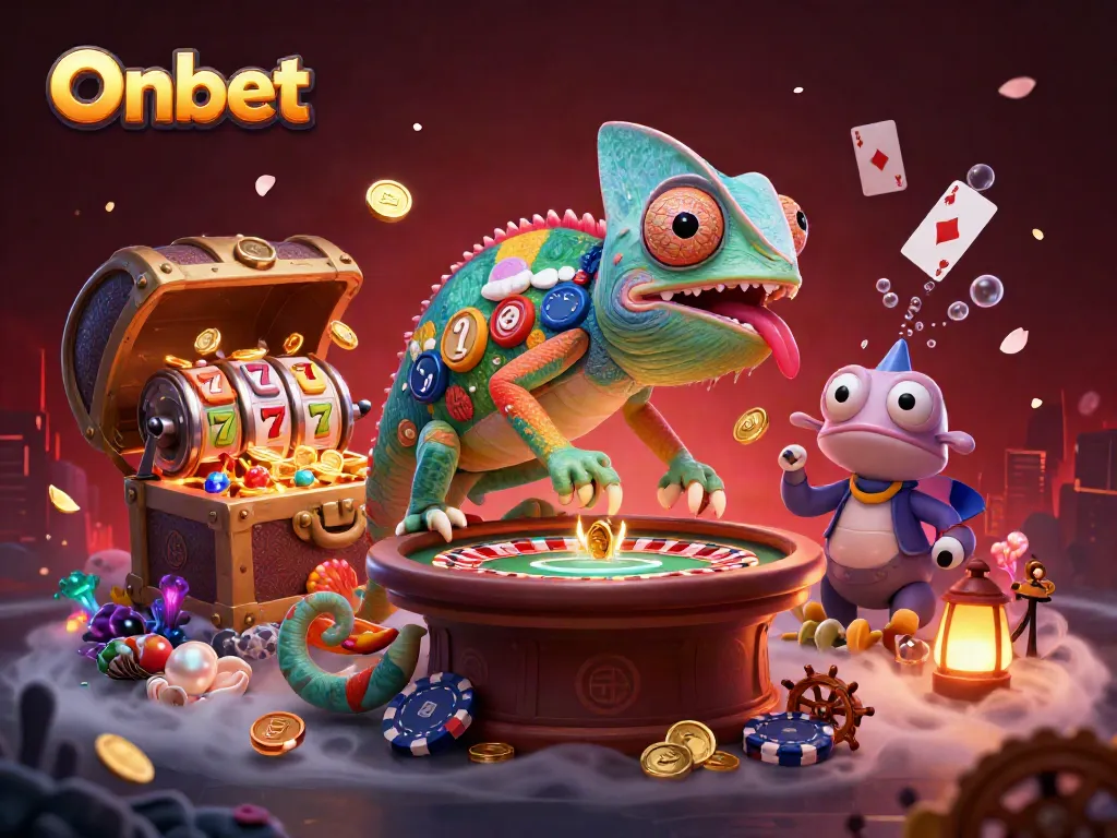 Onbet's lively casino scene engages players with colorful slots and a whimsical chameleon.