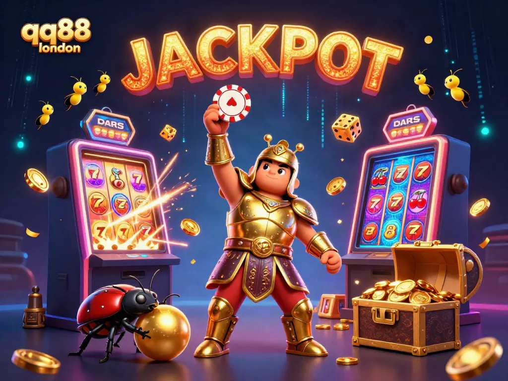 Experience the excitement of qq88 london with a vibrant 3D illustration featuring a golden-armored beetle celebrating a big win.