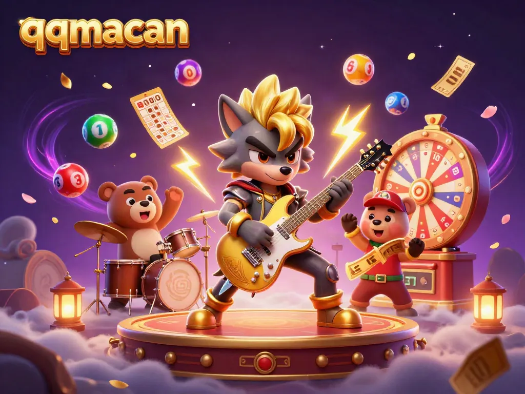 Experience the thrilling world of qqmacan with an electrifying casino stage featuring a rock star wolf and a drummer bear.