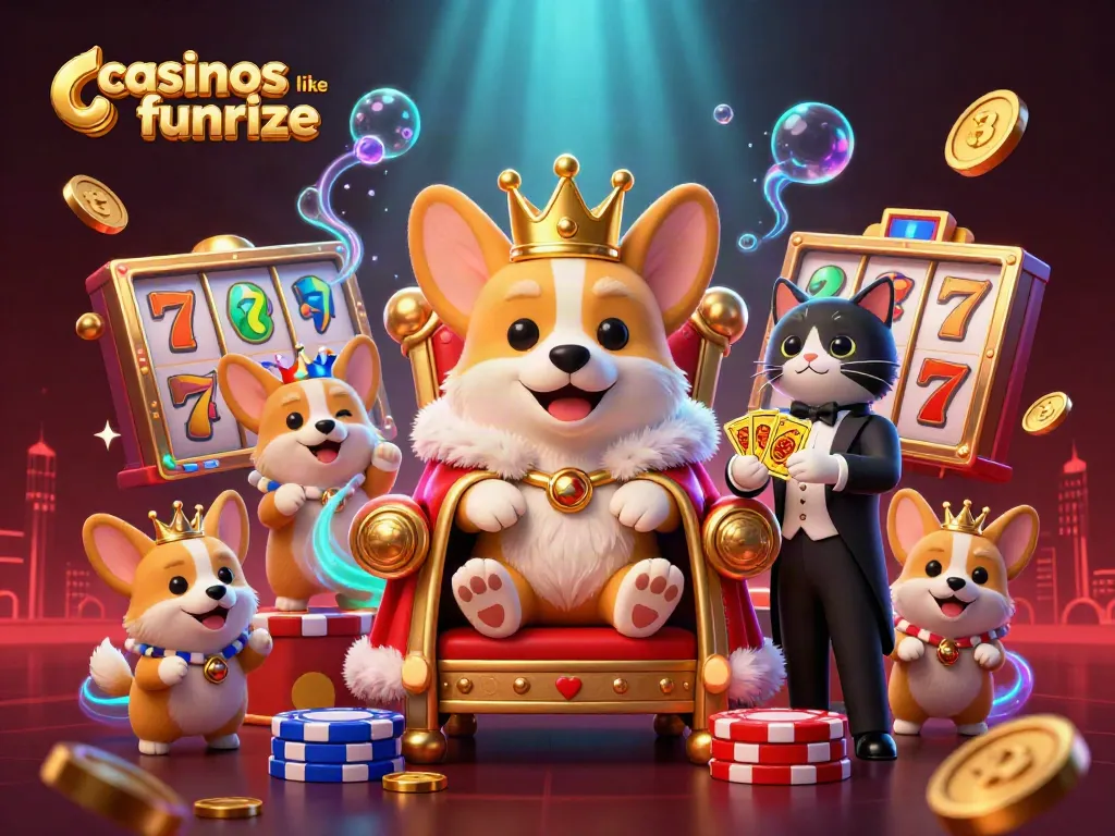 Exploring casinos like Funrize through a vibrant 3D illustration of royal corgis amidst gaming excitement.