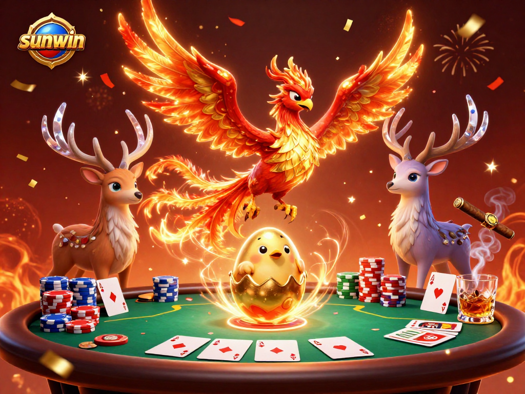 Win big at sunwin with a vibrant depiction of a phoenix rising amidst poker elements.