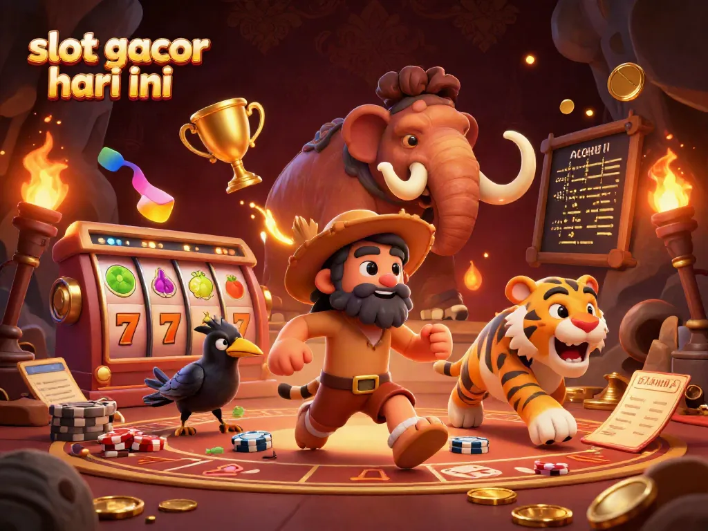 Tampilkan slot gacor hari ini dengan dua karakter gua yang mengelola kasino prasejarah dalam ilustrasi menarik.