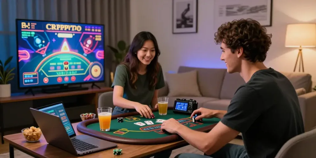 Young adults enjoying a thrilling game at a Crypto Casino in a cozy living room with vibrant graphics.